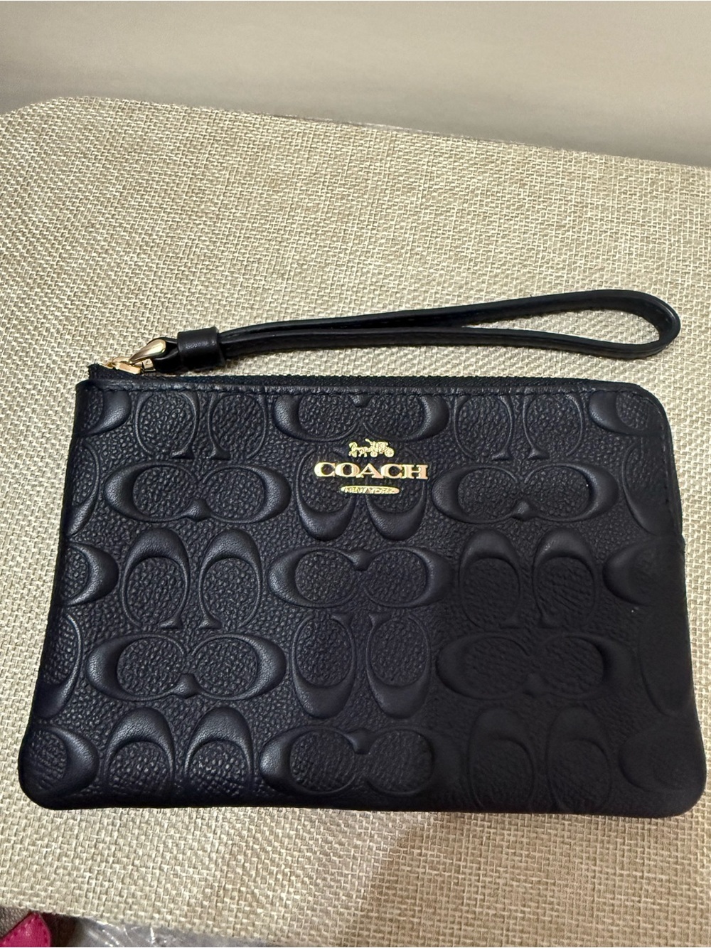 Coach Black Embossed Signature Leather Wristlet with Gold Hardware